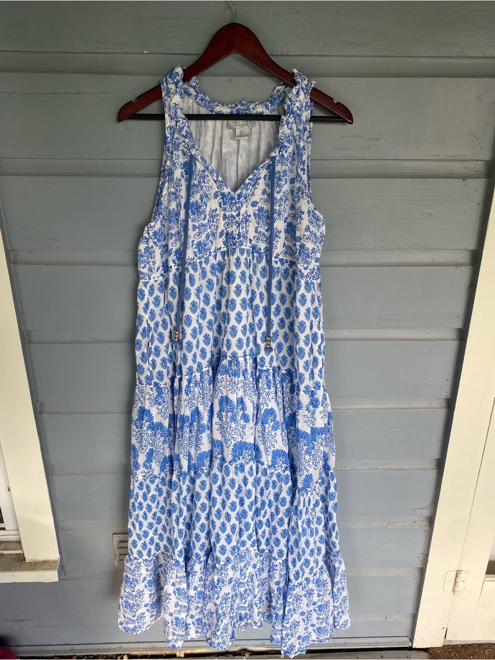 CALYPSO St. BARTH Tiered Maxi 100% Cotton Dress Large Blue White Floral